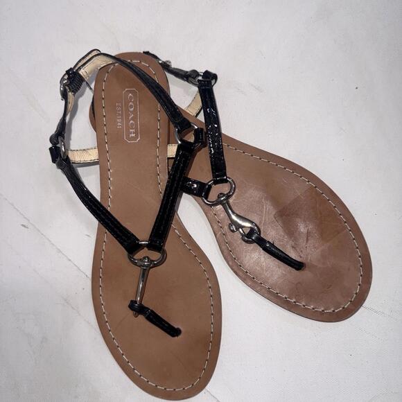 Coach Shoes - Coach Rue Black Patent Leather Flat Slingback Designer Thong Sandals 7.5